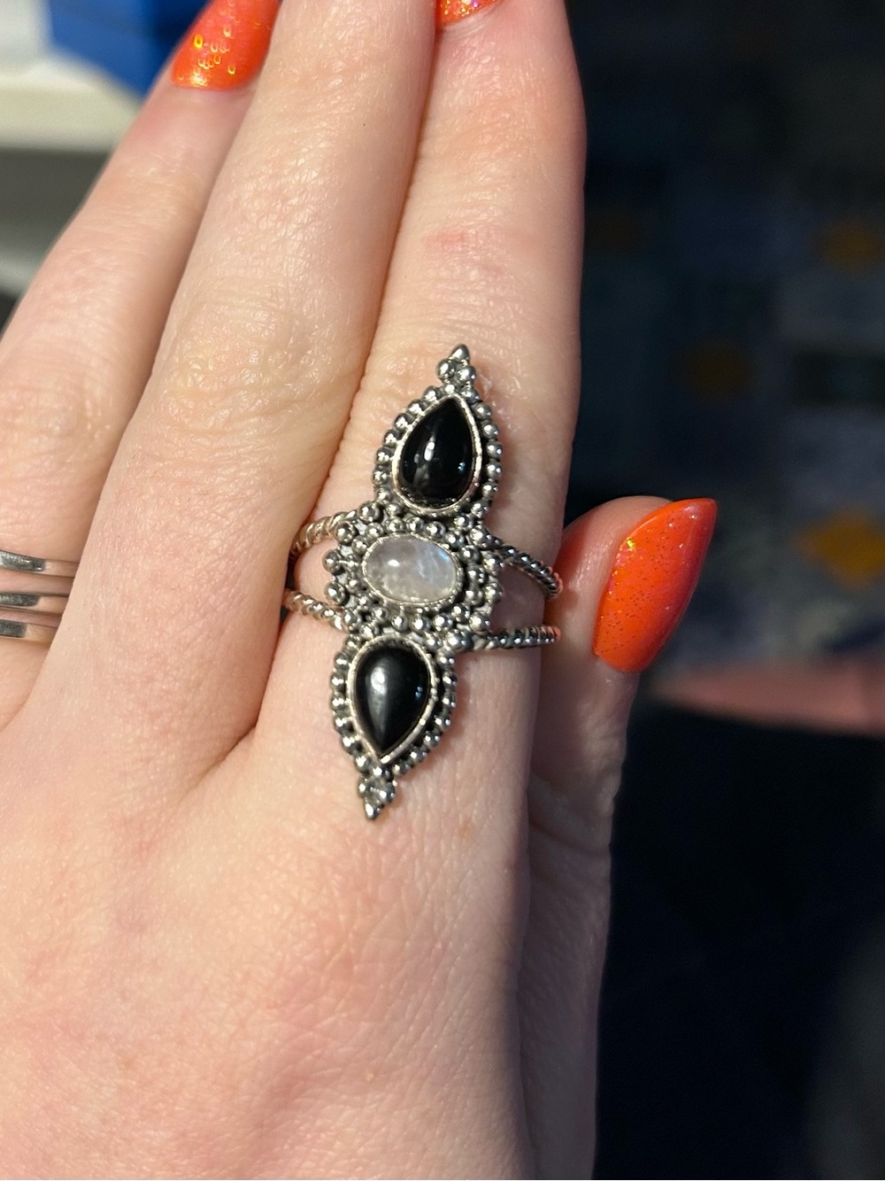 Sterling-Style Black Onyx and Moonstone Statement Ring - Silver Tone